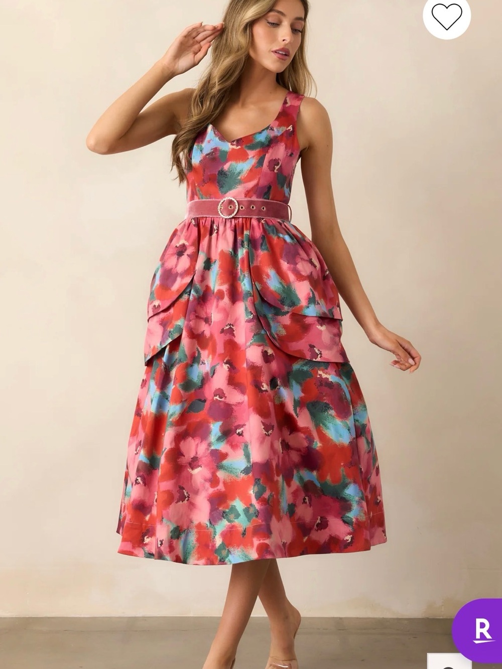 NWT PROSPERINA DIANA PINK MULTI FLORAL PRINT COTTON BELTED MIDI DRESS, size L